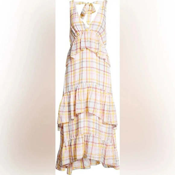 NWT Cinq a Sept Astor Plaid Gingham Midi Dress - Spring Summer Ruffled Tiered - Picture 2 of 8